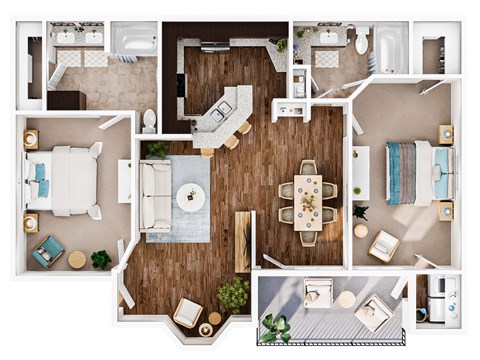 Floor plan for 2 beds, 2 baths, 1047 sqft